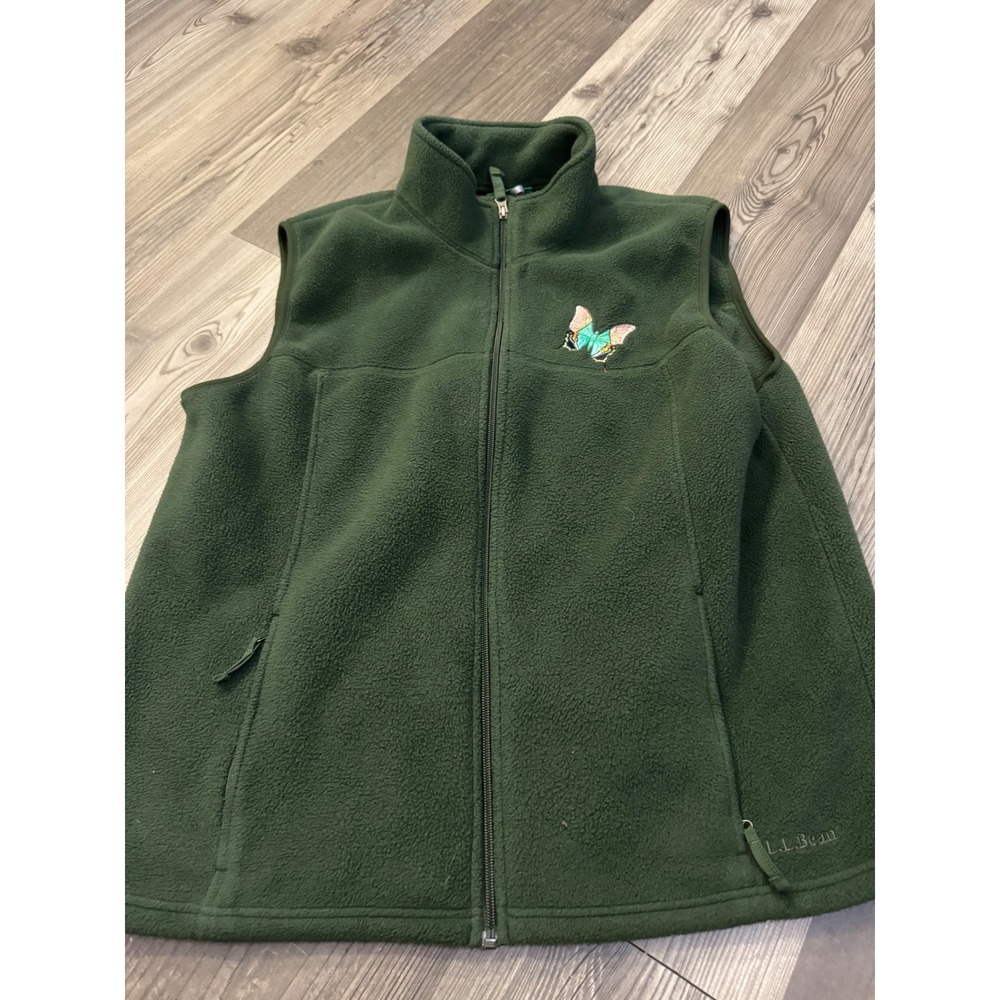 LL Bean Mens/woman's Large Green Fleece Vest Butterfly Embroidery Full Zip Large